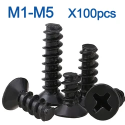 100pcs/lot Cross Recessed Countersunk Head Self-tapping Screw M1 M1.2 M2 M2.3 M2.6 M3 M4 M5 Black Carbon Steel Mini Screw