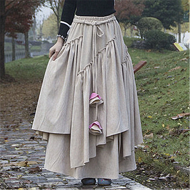 Makuluya Bohemian Vintage Women Long Loose Corduroy Elegant Spliced Prairie Chic Holiday Palace Fashion Long Skirts