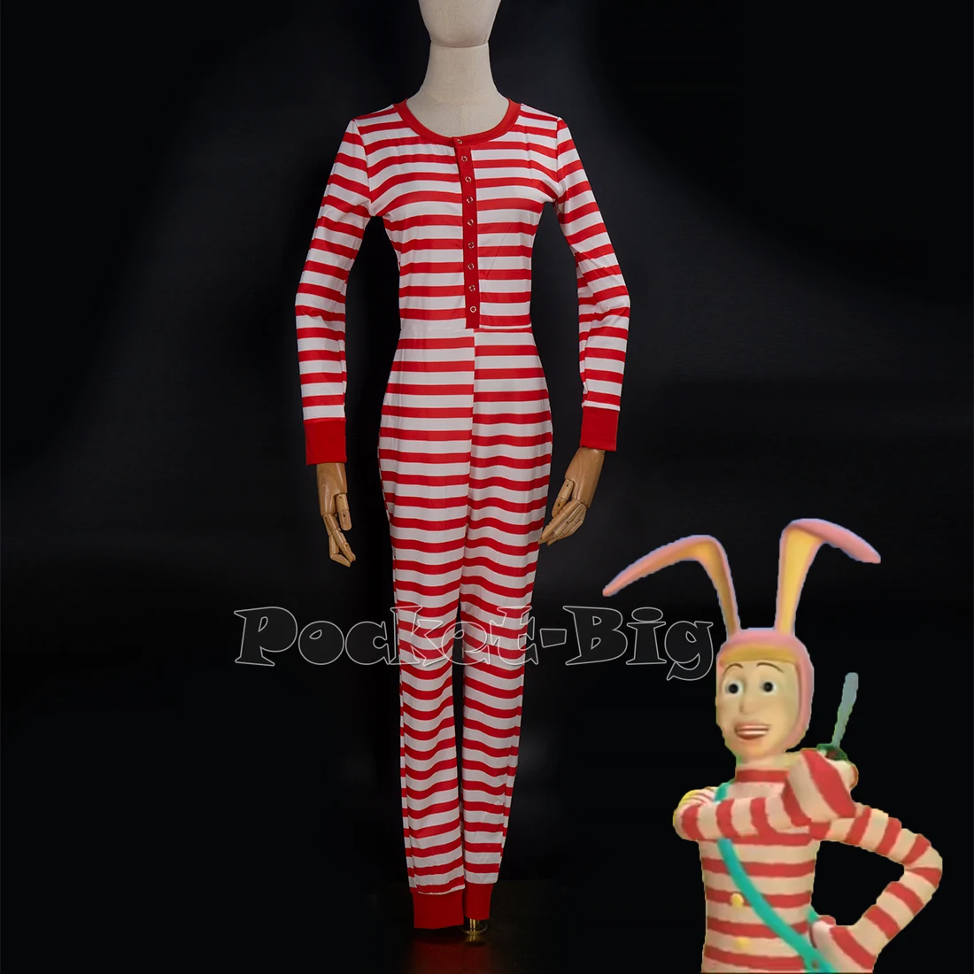 Popee The Performer Cosplay Costume with Bag White and Red Striped Pajamas Bodysuit Plush Bunny Ear with Tail Christmas Night