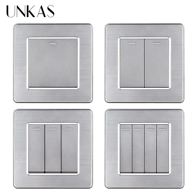 UNKAS Grau Edelstahl Panel 1 2 3 4 Gang 1 / 2 Weg Wand Licht Auf/Off Schalter luxus Grau Interruptor AC 110 ~ 250V 86MM * 86MM