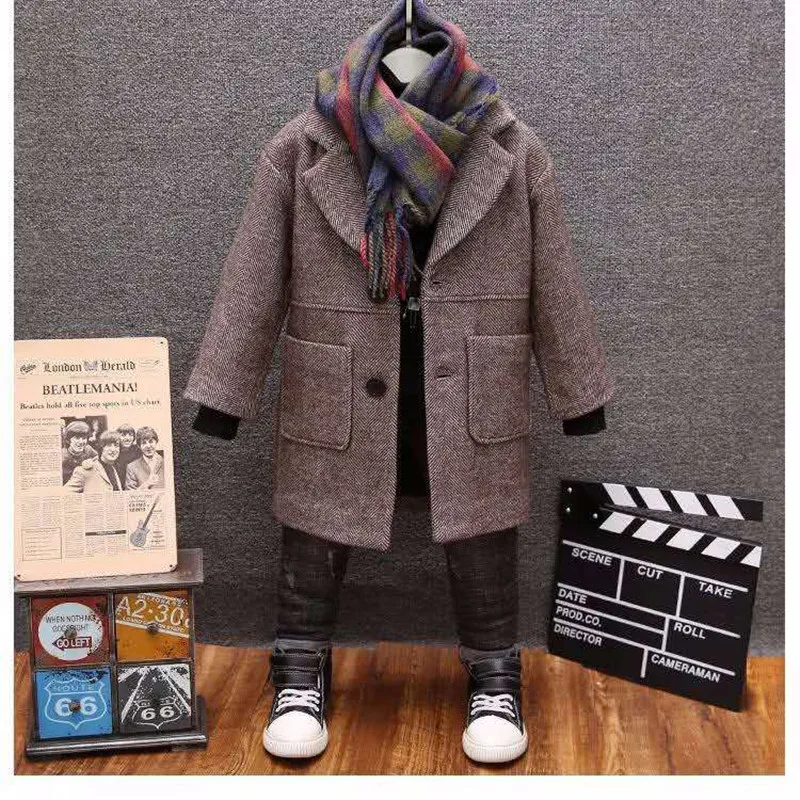 Boys Woolen Coat 2024 Spring Autumn New Fashion Solid Turn Collar Outwear 5-14T Children Overcoat High Quality