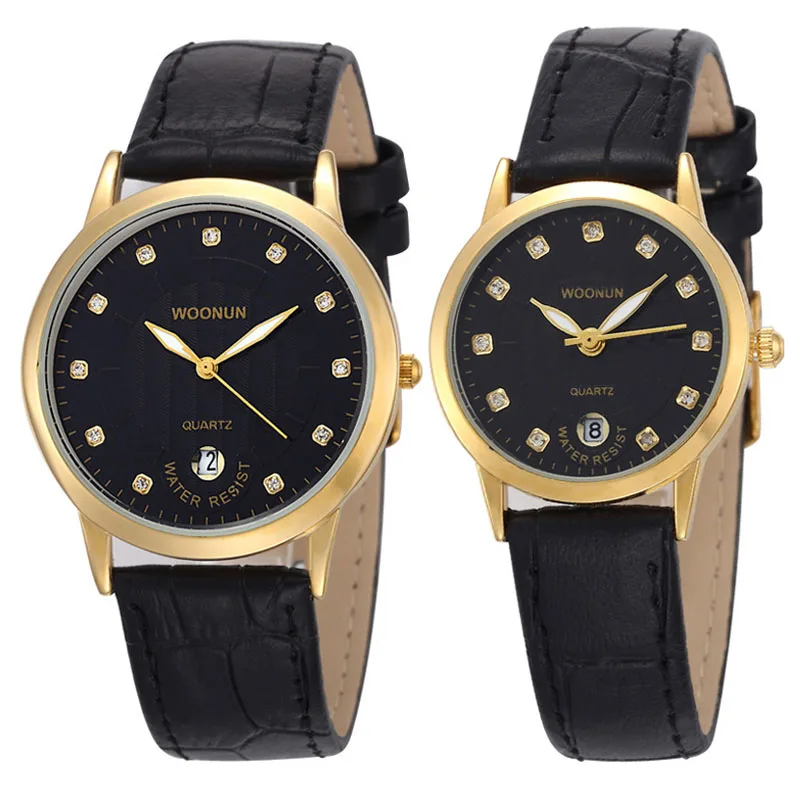 WOONUN-relojes de lujo para amantes, conjunto de correa de cuero con diamantes de imitación, relojes de pareja de cuarzo a la moda, envío directo