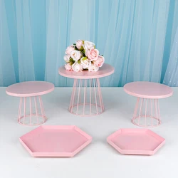 1-6pcs   Metal Cake Stand Set Birthday Party Macaron Cupcake Rack Stand For Wedding Pink