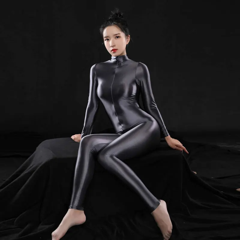 Sexy Women Full Body Bodysuit High Elasitc Clubwear Sheer Smooth Pants Oil Gloosy Sexy Tight Shaping Candy Color F37