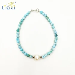 LiiJi Natural Stone Blue Larimar 3-4mm Round Faceted Beads Freshwater Pearl 925 Sterling Silver Fashion Bracelet