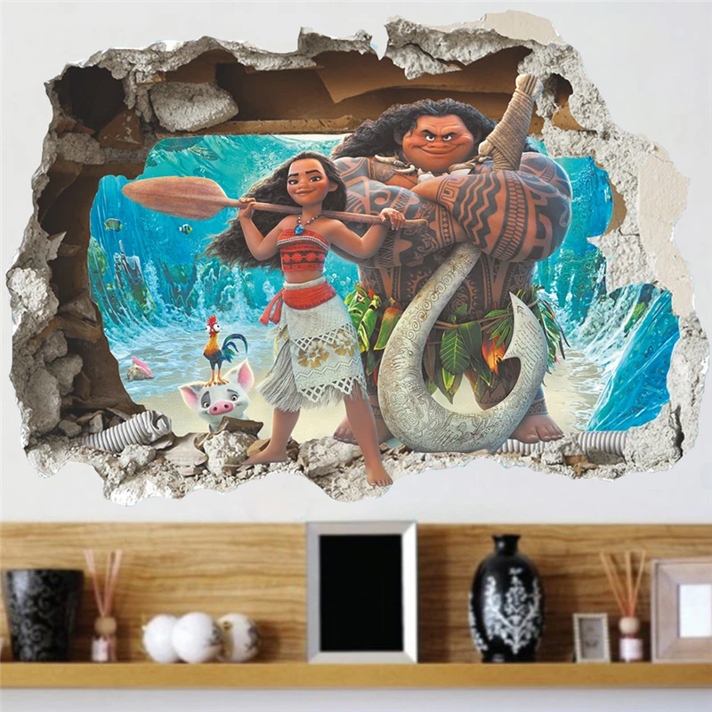 MINISO 3D Cartoon Moana Wall Stickers for Kids Room Baby Nursery Room Decoration Wall Decal Party PVC Watercolor Movie Poster