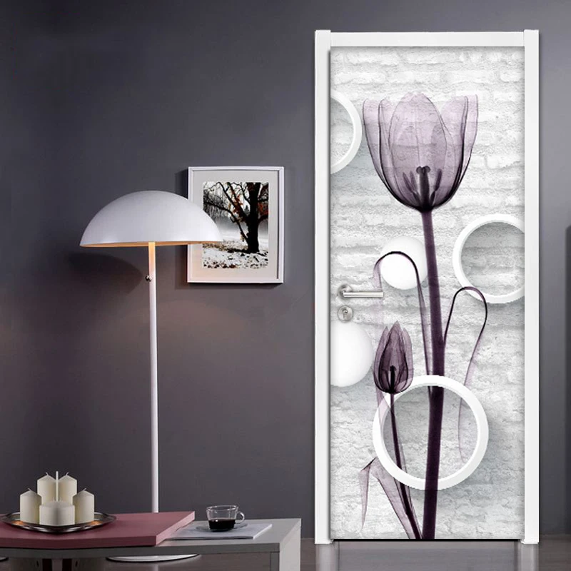 

Creative DIY Self-adhesive Door Sticker 3D White Brick Circles Flowers Art Wall Murals Living Room Bedroom Door PVC Wallpaper