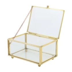 Clear Glass Rectangular Metal Jewelry Box Decorative Slanted Top Lid Box Vintage Jewelry Chest Storage Display