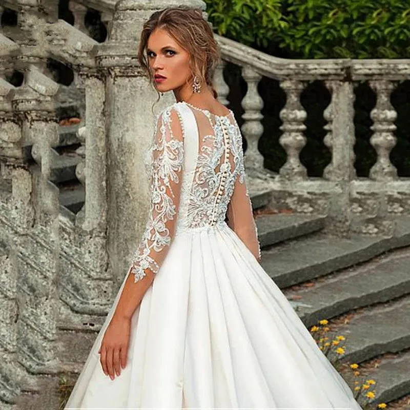 2021 vestido de casamento de manga longa a linha de renda apliques cetim vestido de noiva com contas vestido de noiva de princesa vestido de noiva