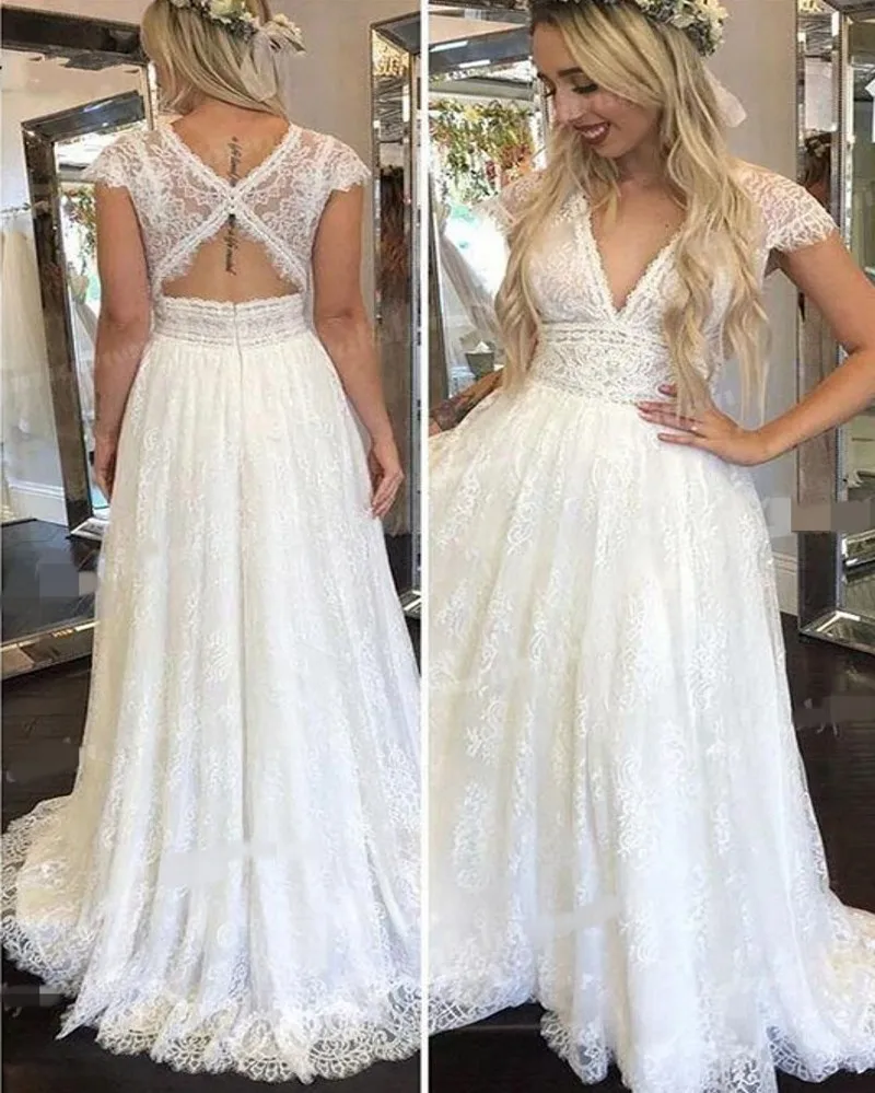 

2022 Sexy Boho Lace Wedding Dresses for Bride Long A Line V Neck Cap Sleeves Bridal Gowns Vestido De Mariage