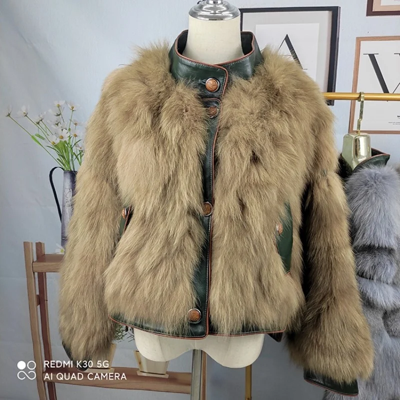 Women Fashion Real Fox Fur Jacket Stand Collar Sheepskin Patchwork Party Natural Fur Coat Autumn Winter High Street Lady Jacket