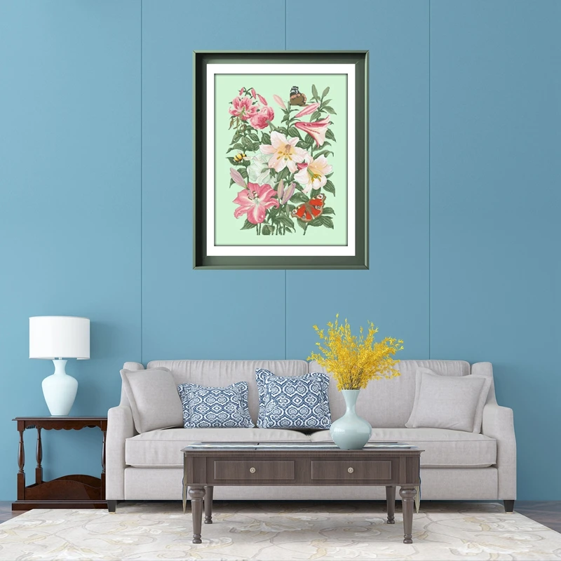 

Наборы для вышивки крестом с лилиями и бабочками, цветы, узор, дизайн, 18 карат, 14 карат, 11 карат, светло-зеленый холст, вышивка, рукоделие своими руками