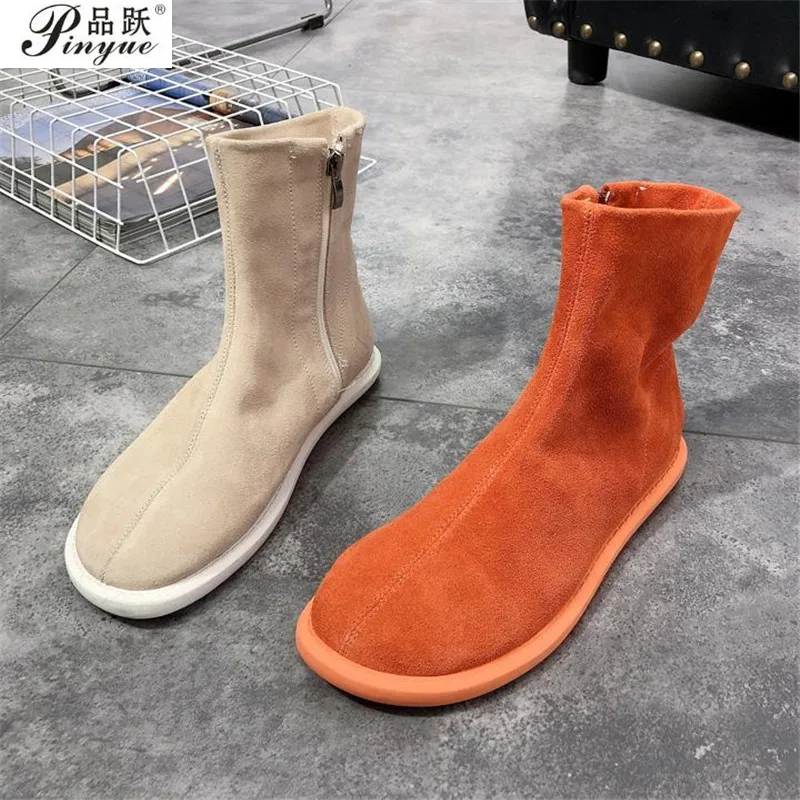 Women Fashion Genuine Leather Winter Mid-calf Boots Women side-Zipper Candy-colored Boots Size 35-40