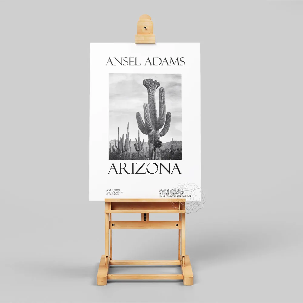 Ansel Adams Vintage Exhibition Poster, Arizona Saguaro Cactus Picture, Black White Plant Art Prints, Minimalist Wall Stickers