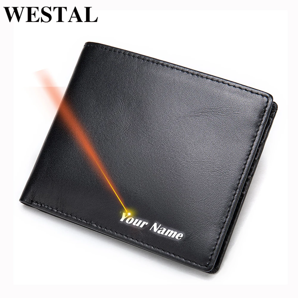 

WESTAL men's genuine leather purse fashion desinger slim wallet RFID money bag for men card holder engrave name gifts bags 9061