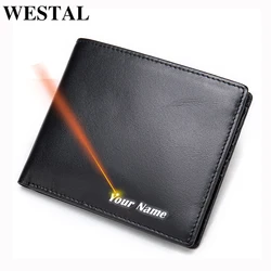 WESTAL men's genuine leather purse fashion desinger slim wallet RFID money bag for men card holder engrave name gifts bags 9061