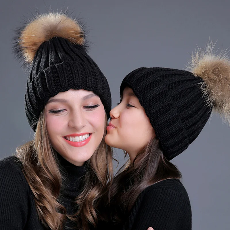 

2022 Simple Winter Hat Women Knitted Beanie Hat Real Raccoon Fur Pompom Hat for Female Kids Warm Chunky Thick Stretchy Hat