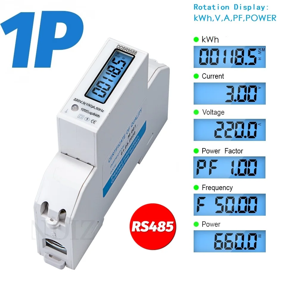 Multifunctional Digital Wattmeter Voltmeter Ammeter LCD Backlight Display DIN Rail KWH Meter AC 230V 5-100A RS485 Modbus-RTU