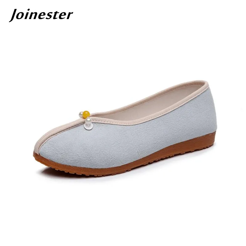 Women Cotton Fabric Slip-On Flat Shoes Pure Color Spring Loafers for Ladies Vintage Round Toe Summer Shoe 2021 Female Flats