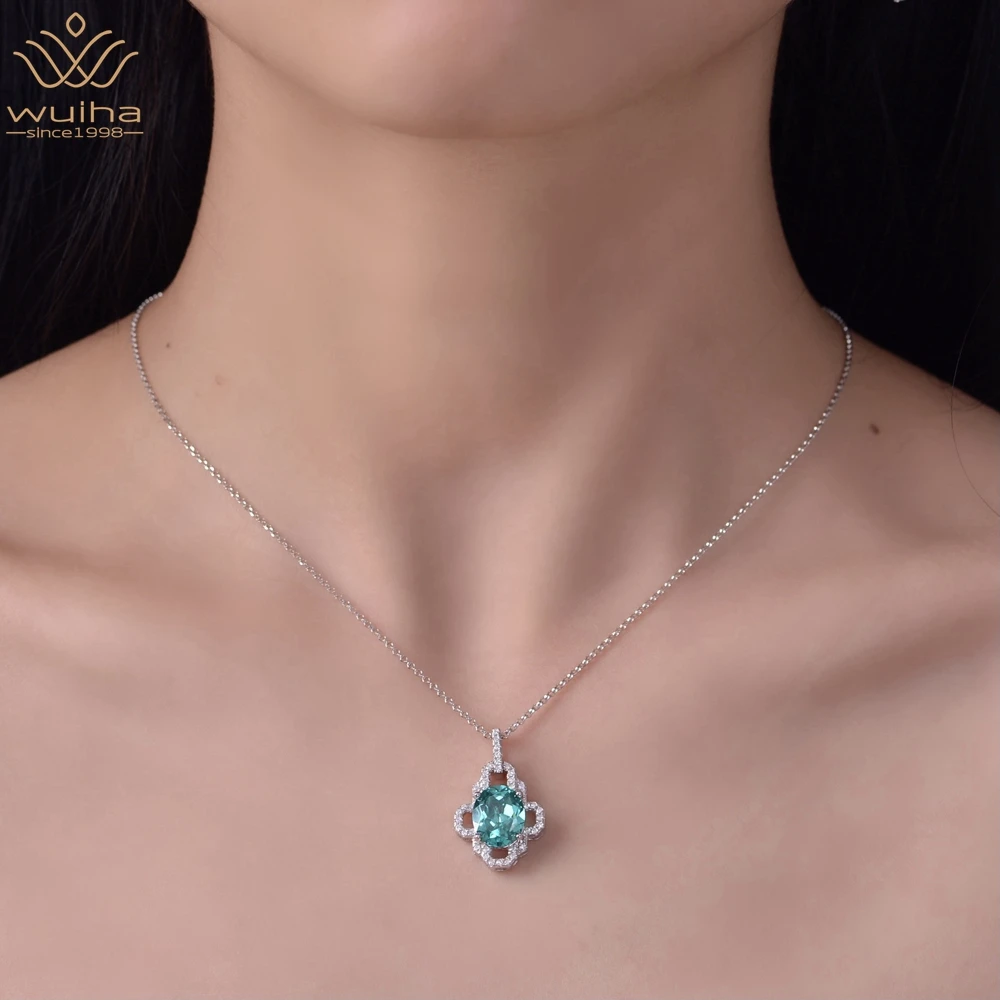 

WUIHA Solid 925 Sterling Silver Oval 9*11mm Paraiba Tourmaline Created Moissanite Wedding Pendant Necklace Vintage Fine Jewelry