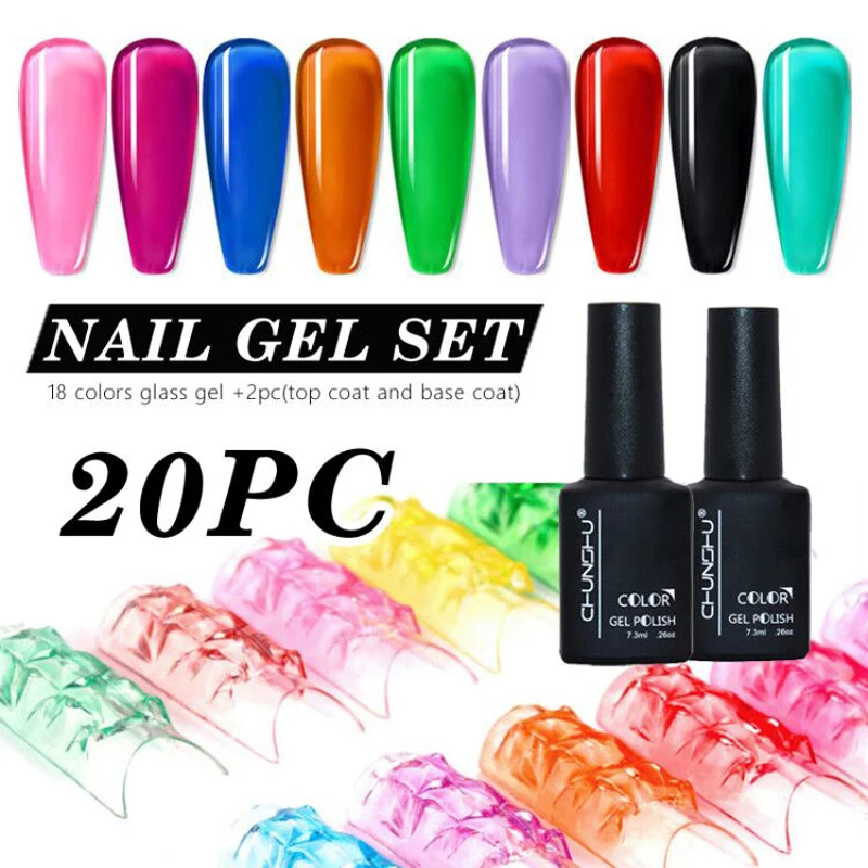 

CHUNSHU Gel Nail Polish 20 Pcs/Set Soa Off Glazed Translucent Amber Color Nail Gel Semi Permanent Varnish Kit With Base Top Coat