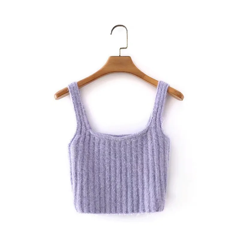 1 set Autumn Winter Romantic Purple Knitting Cardigan Cropped Tank Top Single-breasted One Button Short Sweater Loose Jumper