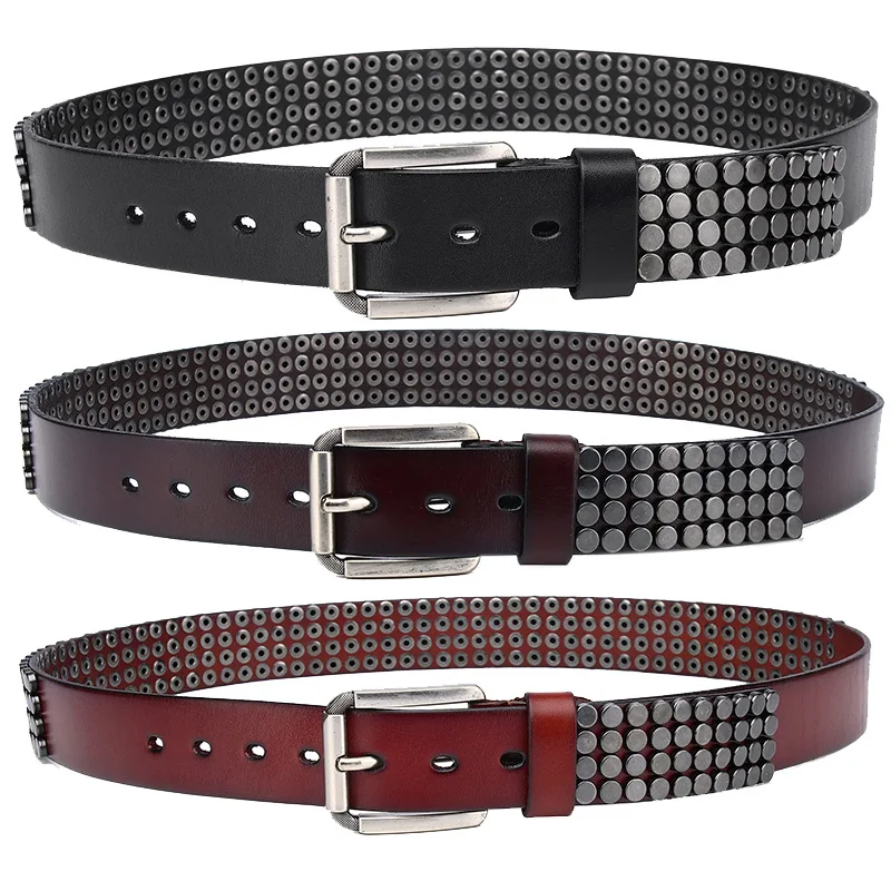 (Ta-weo) Men Fashion Punk Rivet Genuine Leather Belts, spot light luxury personality Unisex Pin Buckle Belt