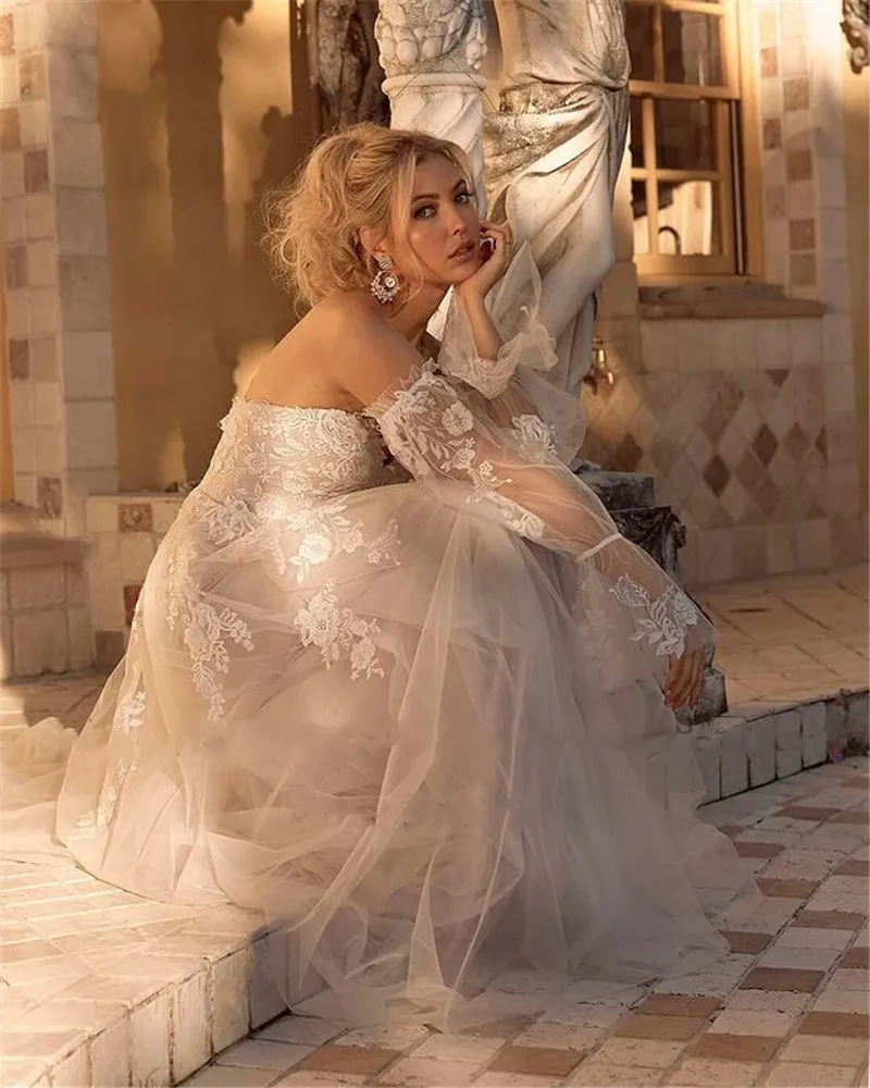 Robe De mariée élégante en Tulle, manches longues bouffantes, ligne A, avec des Appliques en dentelle