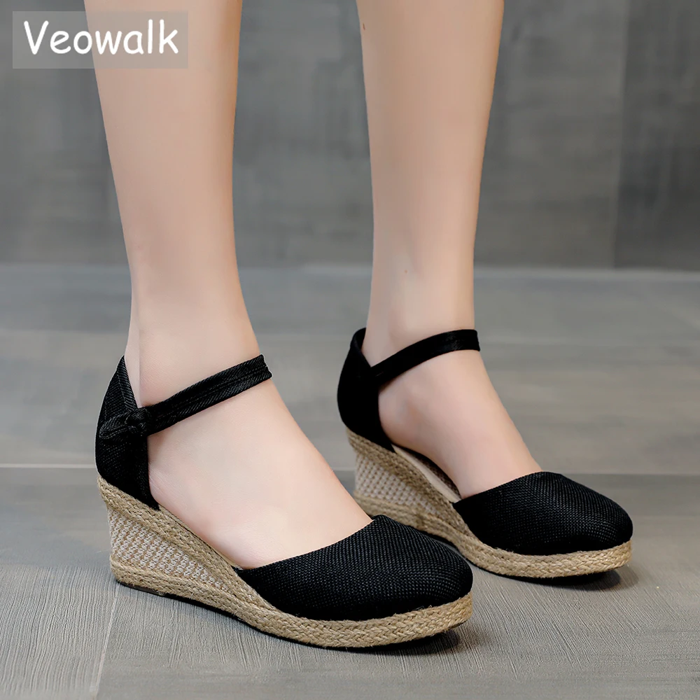 Veowalk Summer Women Linen Plain 6cm Wedge Sandals Bohemian Handmade Ladies Casual Comfortable Espadrilles Platform Pumps Shoes