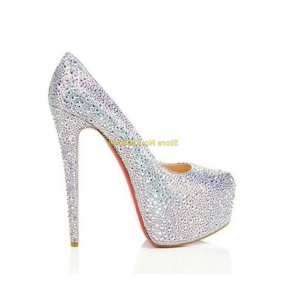 Crystal Bling Bling High Heel Shoes Women Platform Stiletto High Heel Round Toe Slip On Silver Runway Dress Women Pumps