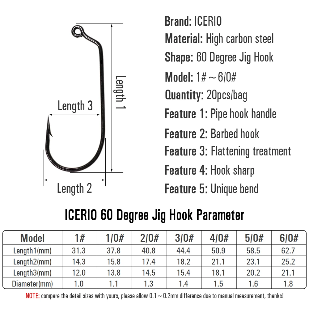 ICERIO 20PCS 60 Degree Jig Hook Barb Freshwater Saltwater Forged Steel Wire Hooks