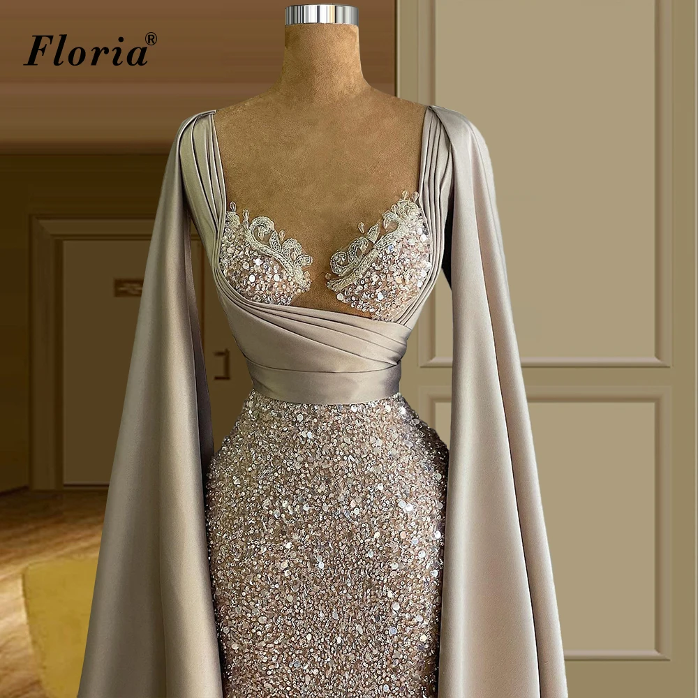 Arabic Long Sleeves Evening Dresses Sequins Mermaid Celebrity Dresses Turkish Couture Prom Party Dresses Robe Longue Wholesale