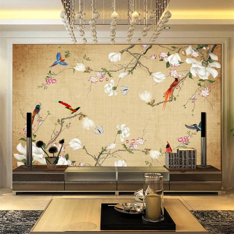 wellyu Custom large wall painter with Chinese hand-painted meticulous flower and bird background wall wallpaper home decor mural