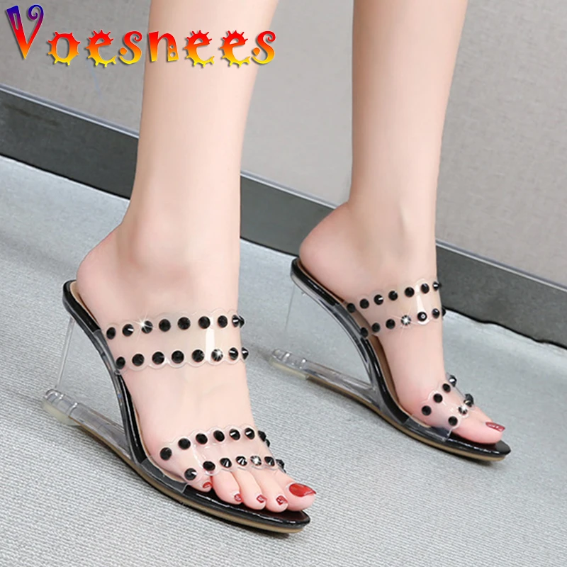 Women Shoes Slides Summer Diamond Wedges Sandals Women Sexy Crystal Transparent High Heels PVC Slippers String Bead Slippers