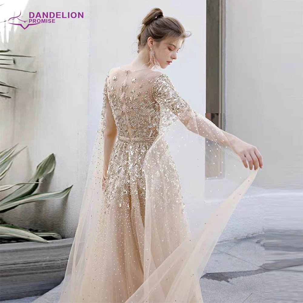 Luxe O-hals Avondjurk 2021 A-lijn Pailletten Crystal Tulle Kralen Met Cap Lange Mouwen Prom Formele Gowns