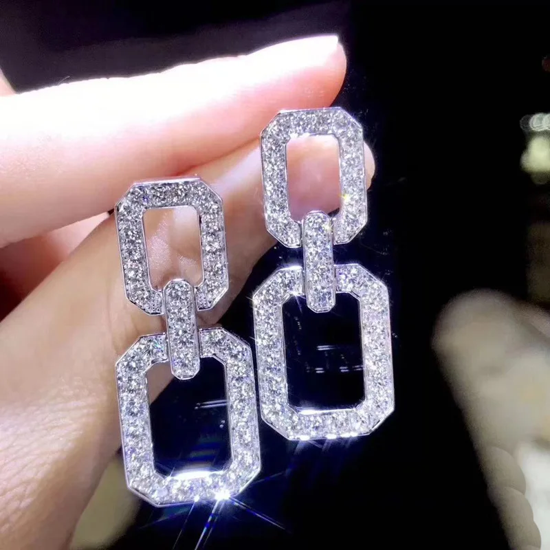 Foydjew Exquisite Korean Fashion Geometric 925 Silver Needle Earrings Micro Paved Cubic Zircon Dangle Drop Earring For Women