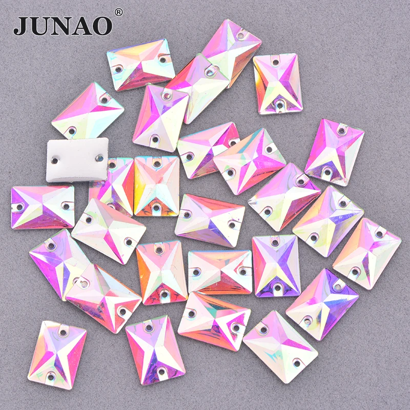 JUNAO 50pcs 7*21mm Sewing Crystal AB Rectangle Rhinestone Applique Flat Back Gems Acrylic Stone Sewn Crystal Strass for Needwork