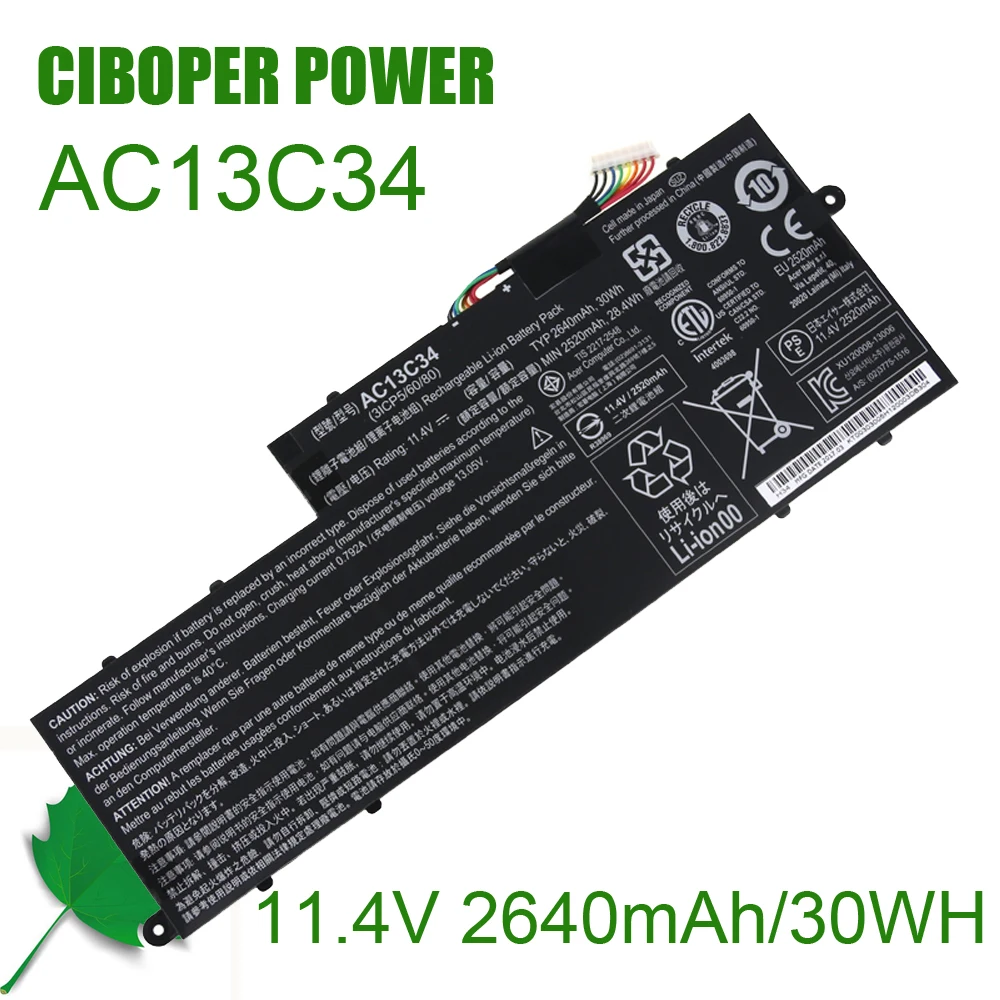 

CP Laptop Battery AC13C34 KT.00303.005 11.4V 2640mAh/30WH 31CP5/60/80 For Aspire V5-122P V5-132 E3-111 E3-112 ES1-111M MS237