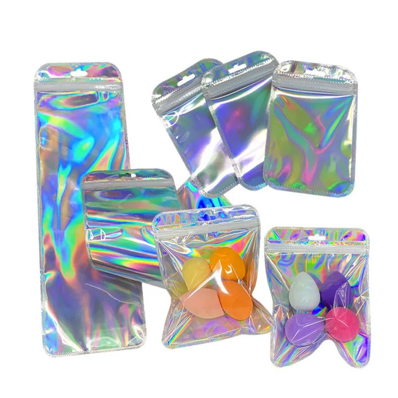 Various sizes Translucent Laser Ziplock Bags Clear Front Hologram Silver Bags X-mas Gifts Socks jewelry Storage Cosmetic