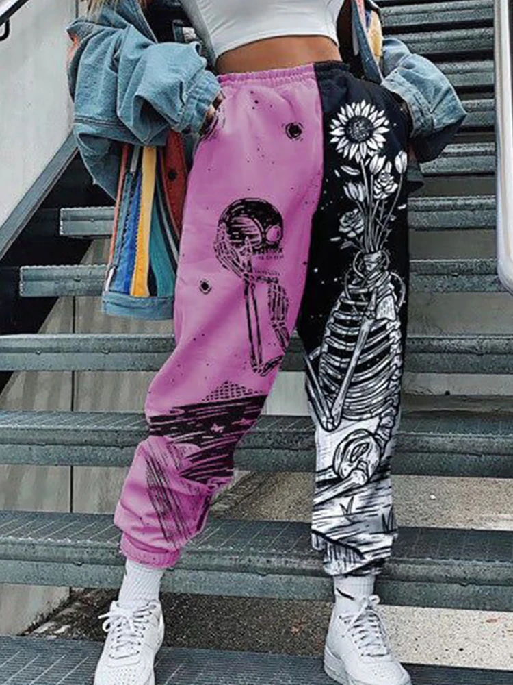 Women Casual Skull Print Patchwork Pants Spring Autumn Elastic Waist Pocket Loose Pencil Pants Female Streetwear Warm Sweatpants