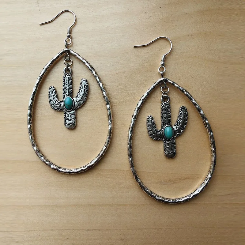 Pendientes huecos Retro en forma de gota de agua para mujer y niña, aretes de Cactus turquesa, regalo 2021