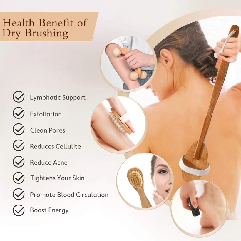 TREESMILE Dry Brushing Body Brush Set, Natural Dry Body Brush for Dead Skin Exfoliating & Lymphatic Drainage Body Massage Brush