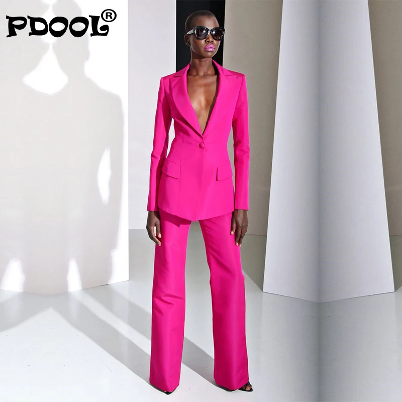 

Fashion New KE LA Spring Fuchsia Formal Pant Suits for Weddings Women Sets Business Suits Female Trouser Suits Women Clothing