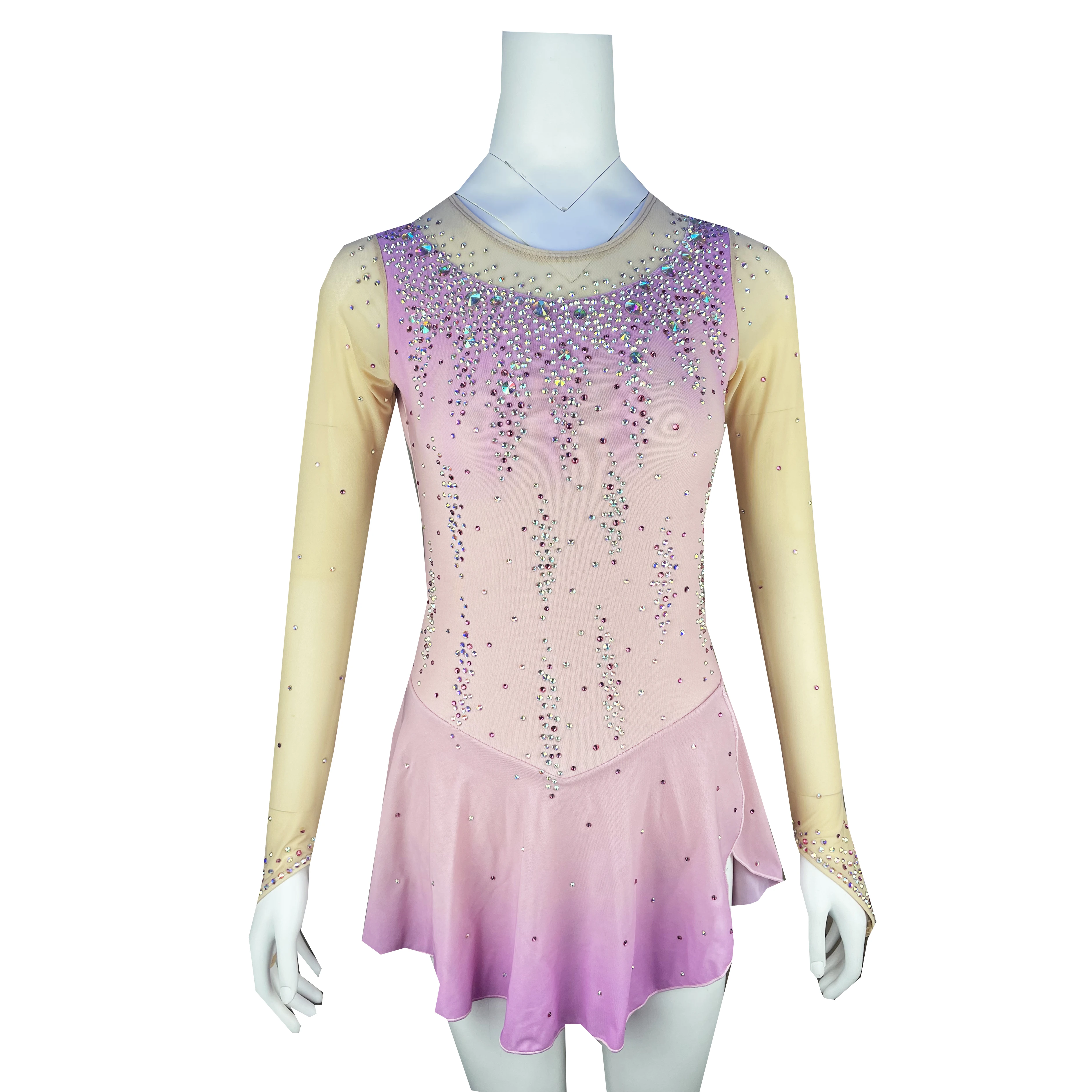 Pink Figure Skating Dress Long-Sleeved Ice Skating Skirt Spandex