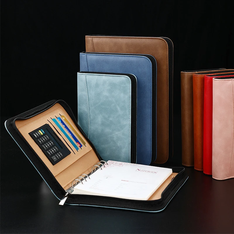 PU Leather A5 Binder Notebook Multifunctional A6 Binder Padfolio Zipper Notebook B5 With Calculator Office Supplies Custom LOGO