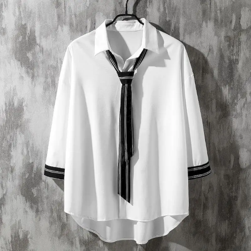 2024 Spring Summer New Button Down Shirts For Men Bow Tie Shirt Male Long Sleeve Pen Original Design Five-color Flower White Top