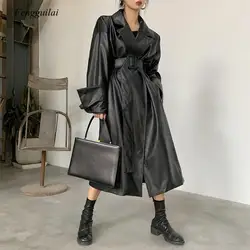 Long Oversized Leather Trench Coat for Women Long Sleeve Lapel Loose Fit Fall Black Women  Clothing Streetwear