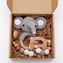 Madeira Crochet Elephant Bells para o bebê, Música Pulseira de dentição, Clipes de chupeta manequim, Gym Play, Rodent Toy Products, 1 conjunto