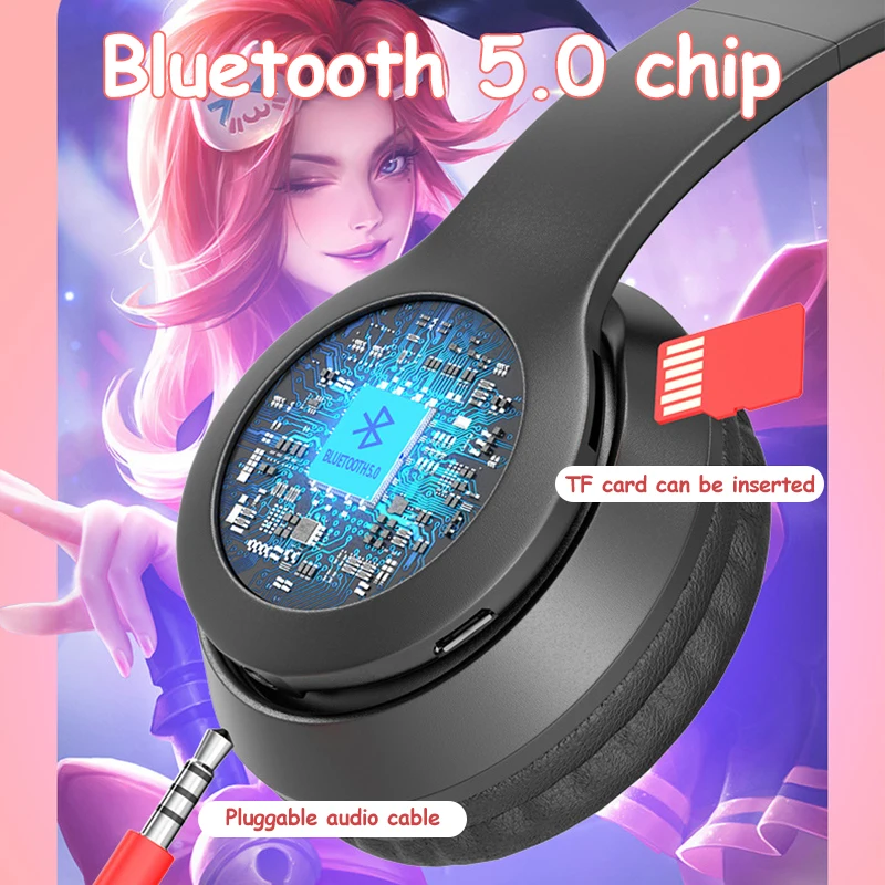 Fones de ouvido sem fio gato orelha com microfone azul-dente brilho luz estéreo baixo capacetes crianças presentes da menina gamer computador telefone fone de ouvido jogos
