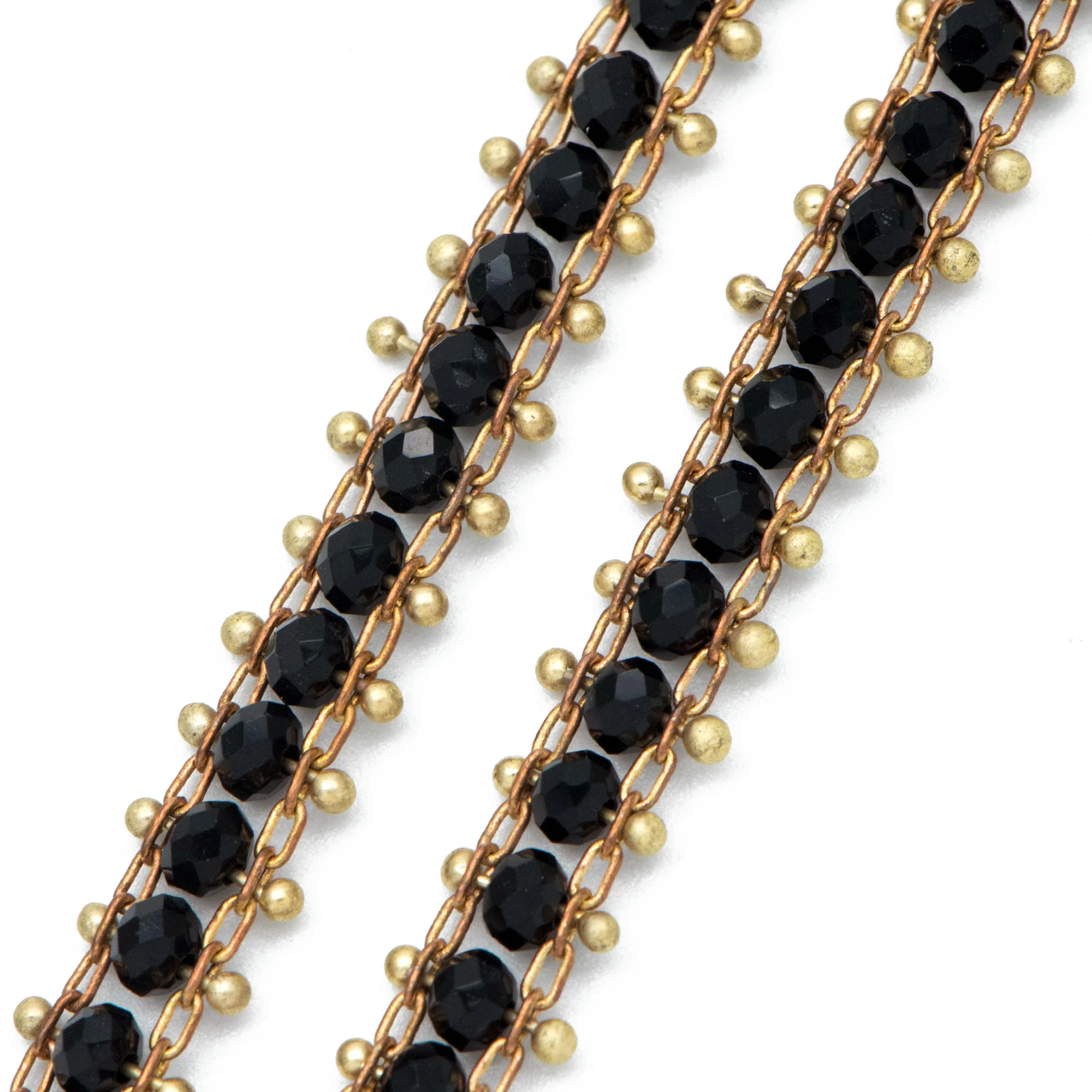 Black Crystal Glass Bead Chain 7mm, Unplated Brass Designer Chain (#LK-032-2)/ 1 Meter=3.3ft